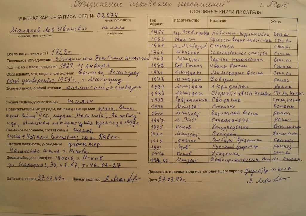 Учетная карточка писателя Л.И. Малякова. 27 марта 1999 г.