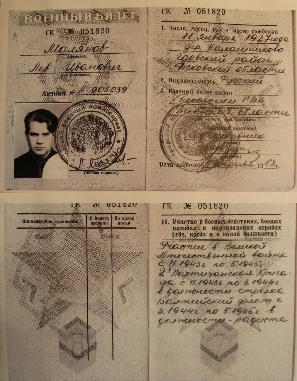 Военный билет Л.И. Малякова. 6 апреля 1968 г.